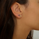 Evil eye stud earrings in 18k gold plated. The earrings feature a traditional evil eye design with a vibrant blue center. The evil eye symbol is believed to provide protection against negative energy and bring good luck. The studs are made of high-quality gold plated material with a polished finish, giving them a luxurious and elegant look.