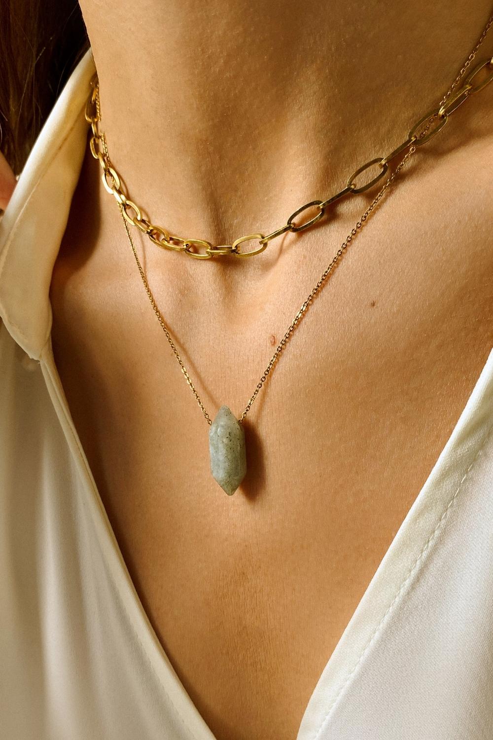 Labradorite crystal necklace. The first necklace features a pointed labradorite crystal pendant, while the second necklace features a delicate gold paper clip chain. Together, the necklaces create a stunning layered look that adds sophistication and elegance to any outfit.