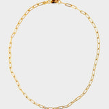 18k gold plated over sterling silver paper clip chain choker. The choker is composed of interlocking paper clip-shaped links, with each link carefully plated in 18k gold for a luxurious and radiant shine. The paper clip chain design gives the necklace a trendy and contemporary look. The choker is designed to sit comfortably around the neck, creating a stylish and fashionable accessory that can be worn alone or layered with other necklaces