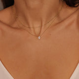 A White Hamsa hand charm necklace in 18k gold plated silver. The necklace features a delicate chain with a beautifully designed Hamsa hand charm pendant. The Hamsa hand symbol is believed to bring protection, good luck, and ward off evil. The necklace is designed to be worn comfortably and can be adjusted to fit different neck sizes.