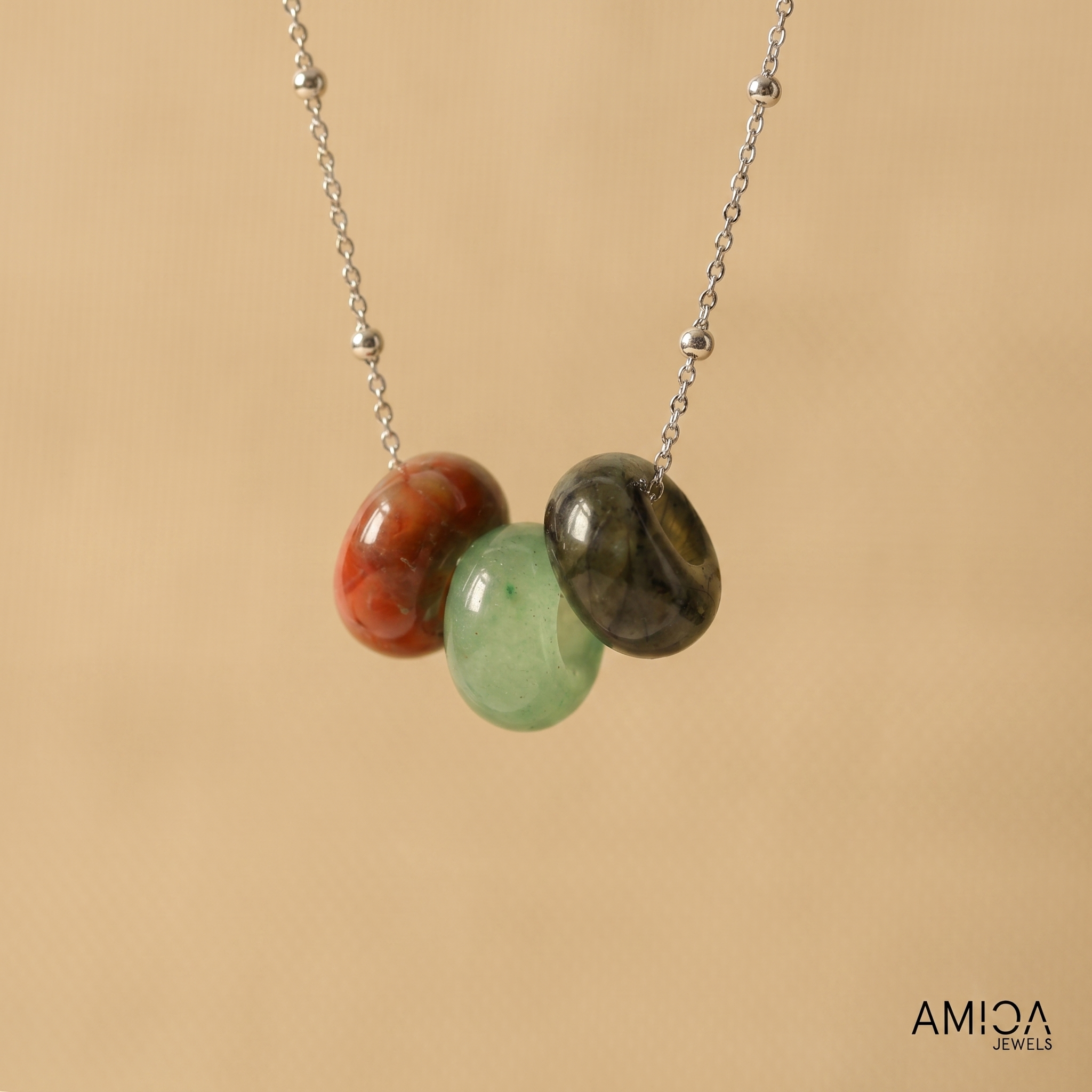 Moss Agate, Green Aventurine and Labradorite Necklace, Healing Crystals, Natural Gemstones, Waterproof, Tarnish Free, 18K Gold Plated
