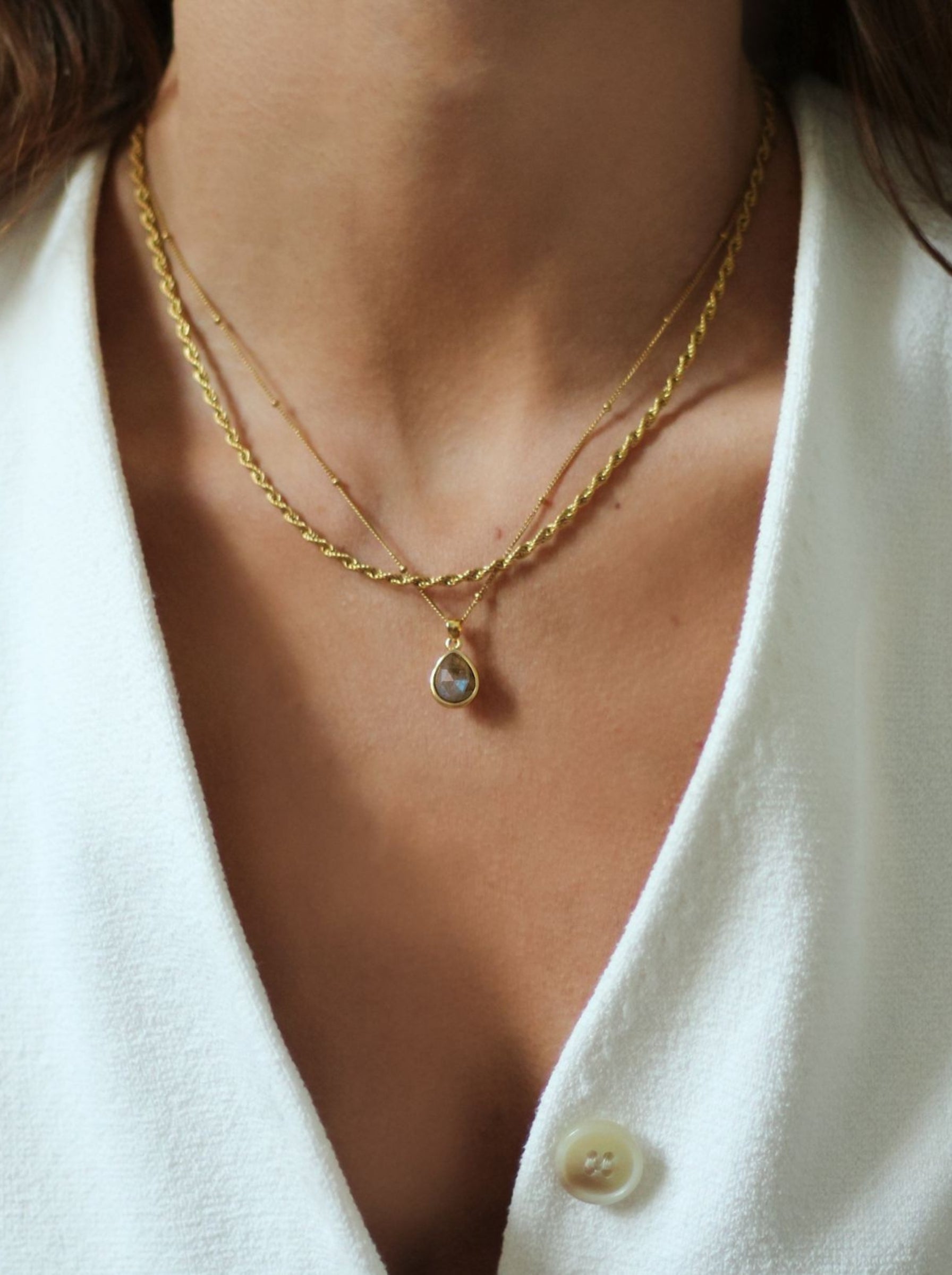Close-up of a person wearing a gold necklace with a pendant on a white background