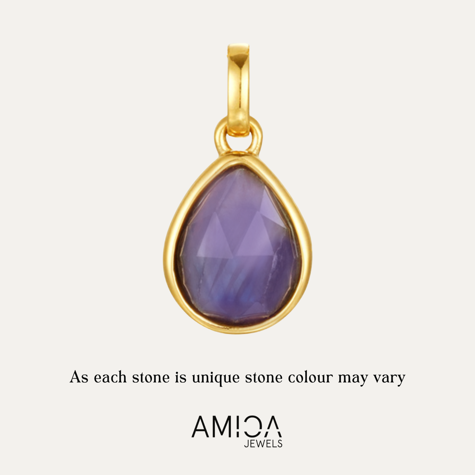 Gold pendant with a purple teardrop-shaped gemstone on a light gray background, featuring the AMICA Jewels brand.