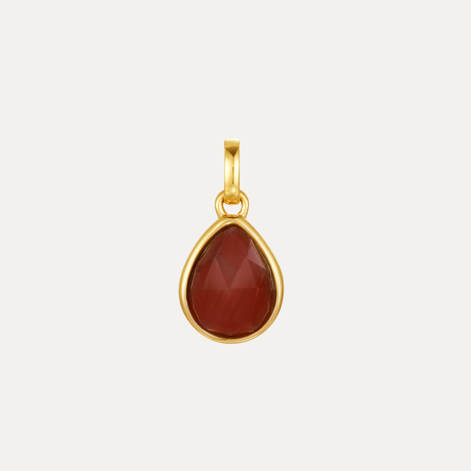 Gold pendant with a red stone on a light gray background