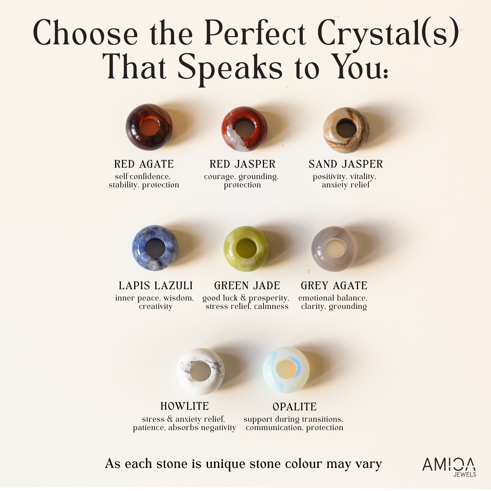Crystal stones with descriptions and AMICA logo on a white background