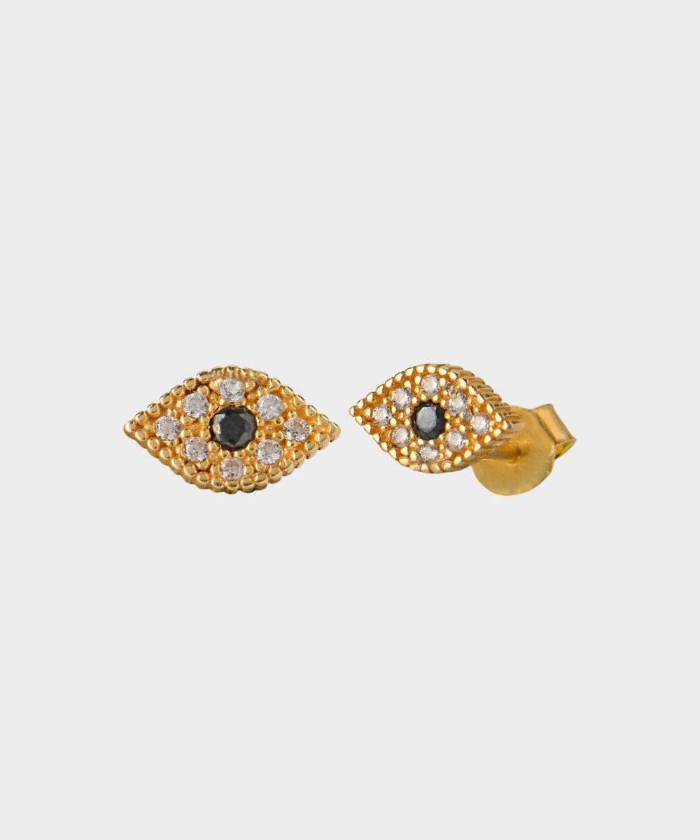 Evil eye stud earrings in 18k gold plated. The earrings feature a traditional evil eye design with a vibrant blue center. The evil eye symbol is believed to provide protection against negative energy and bring good luck. The studs are made of high-quality gold plated material with a polished finish, giving them a luxurious and elegant look.