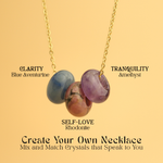 Necklace with three stones labeled 'Clarity', 'Tranquility', and 'Self-Love' on a beige background.