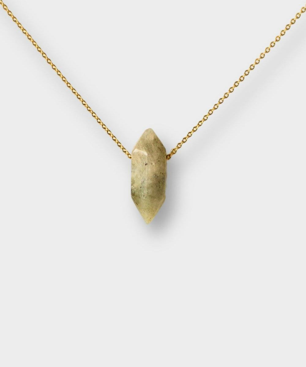 Labradorite crystal necklace. The necklace features a pointed labradorite crystal pendant attached to a gold chain, creating a stunning and eye-catching piece of jewelry.