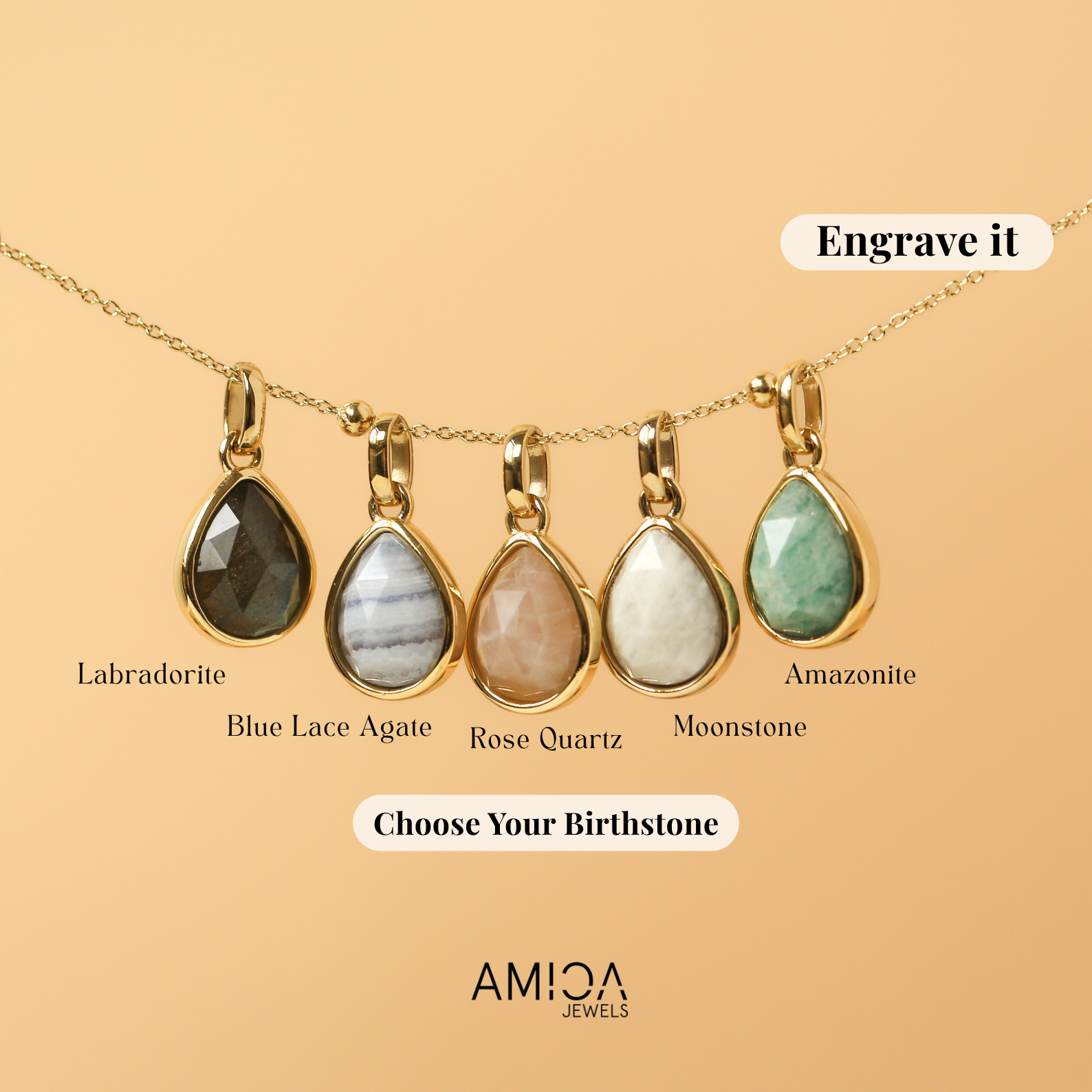 Set of five teardrop-shaped gemstone pendants on a beige background with AMIOA Jewels branding.