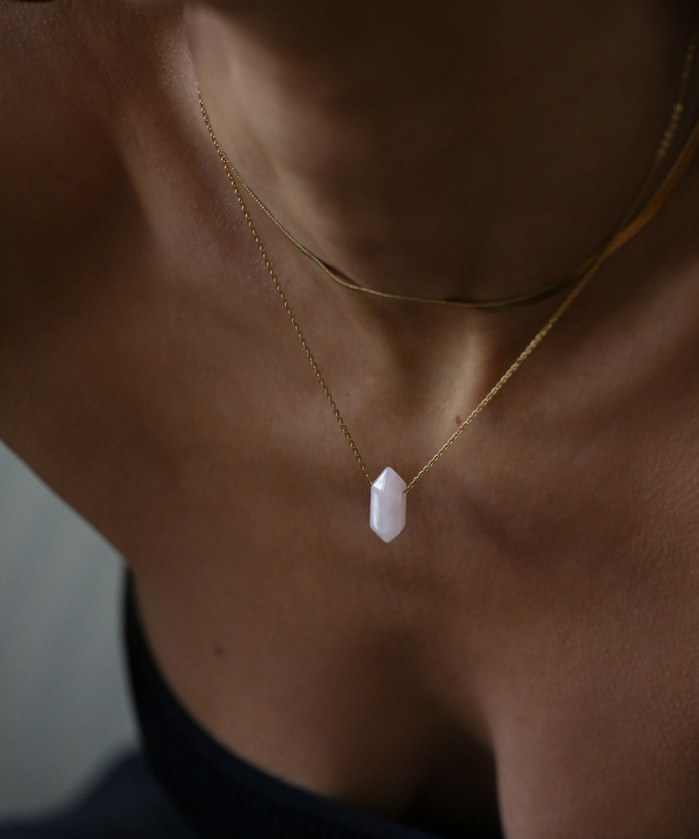 rose quartz crystal, rose quartz necklace, love healing stones, heart chakra crystals, self-love crystals