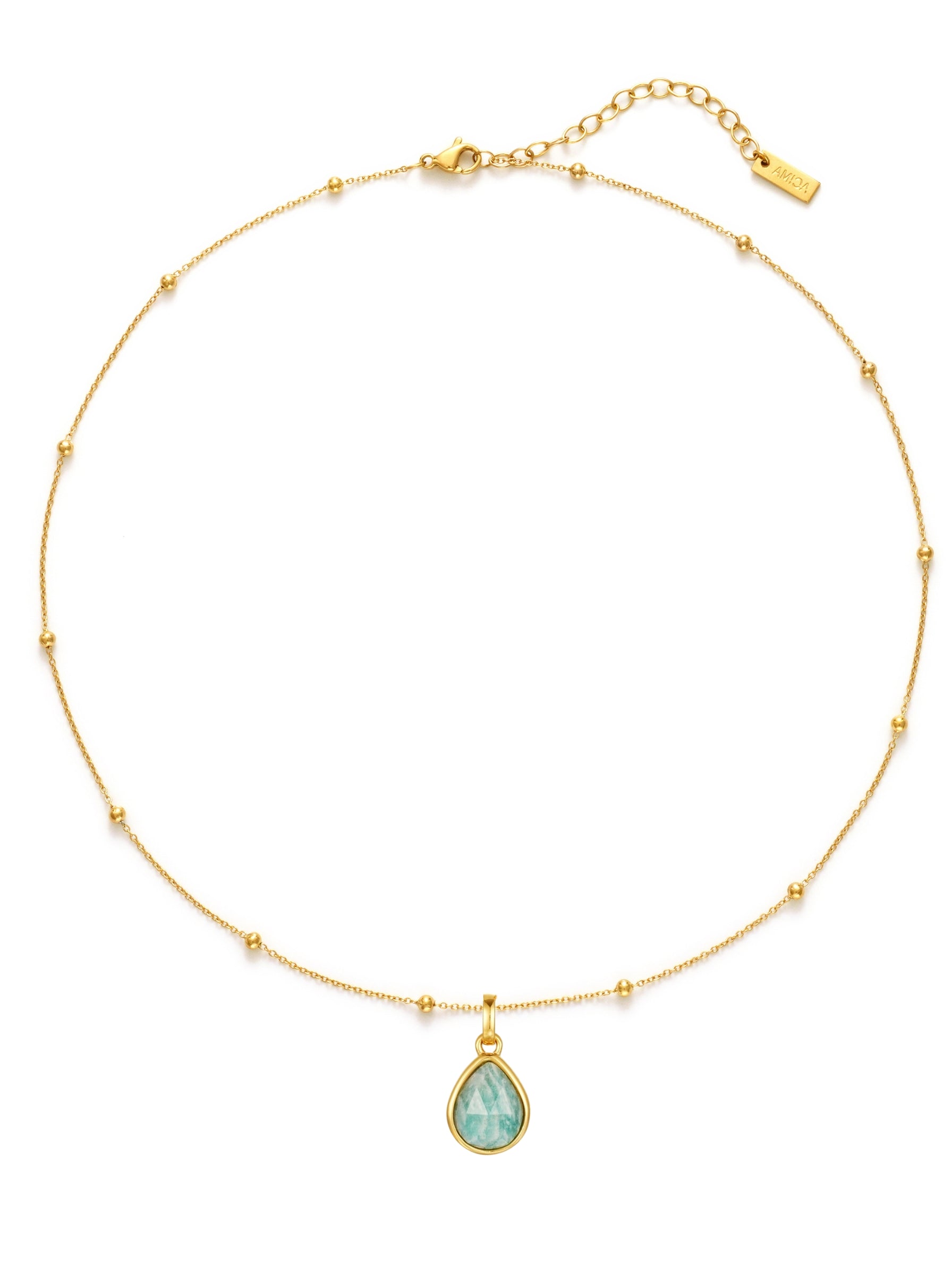 Gold necklace with a amazonite pendant on a white background
