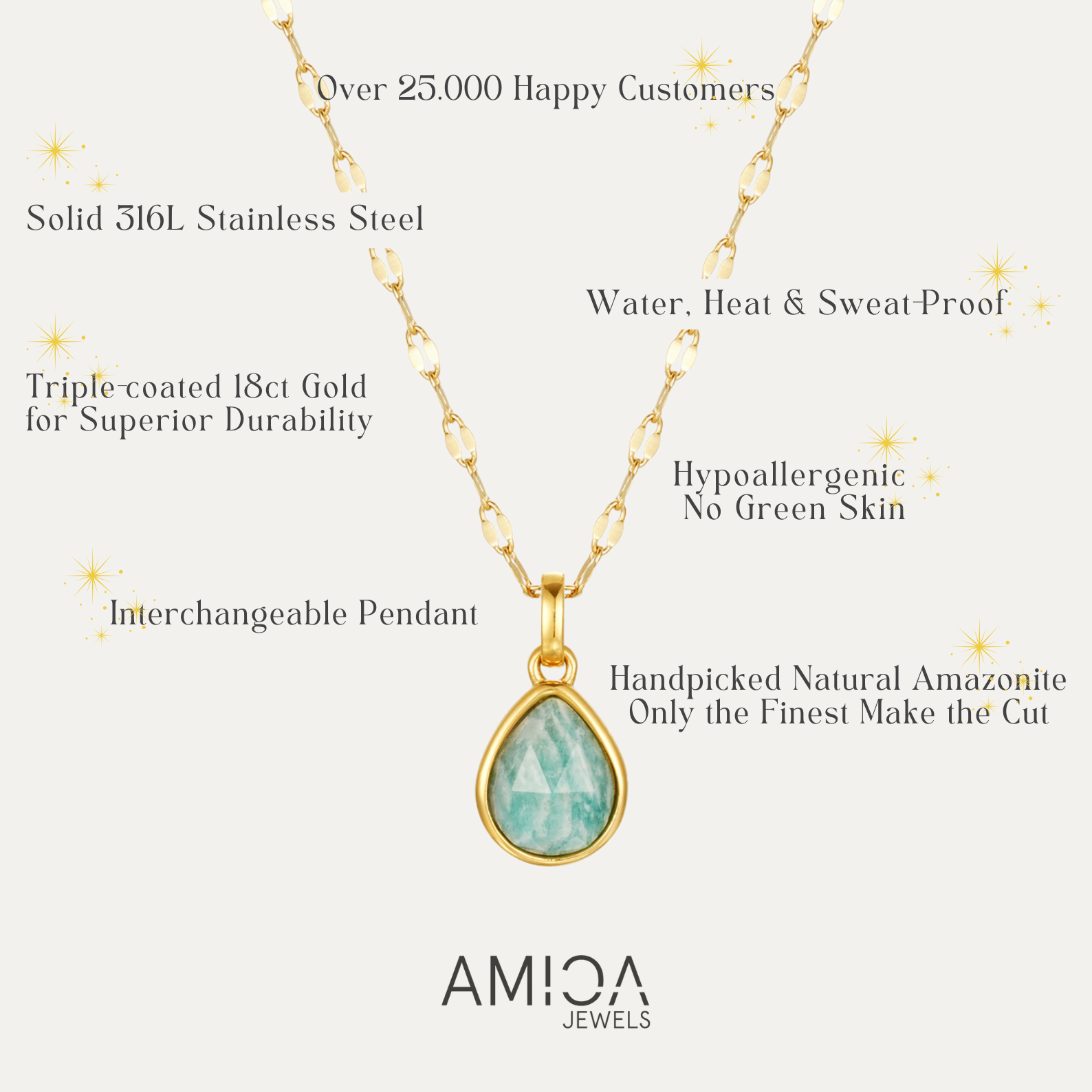Gold necklace with a green pendant on a white background, featuring AMICA Jewels branding.
