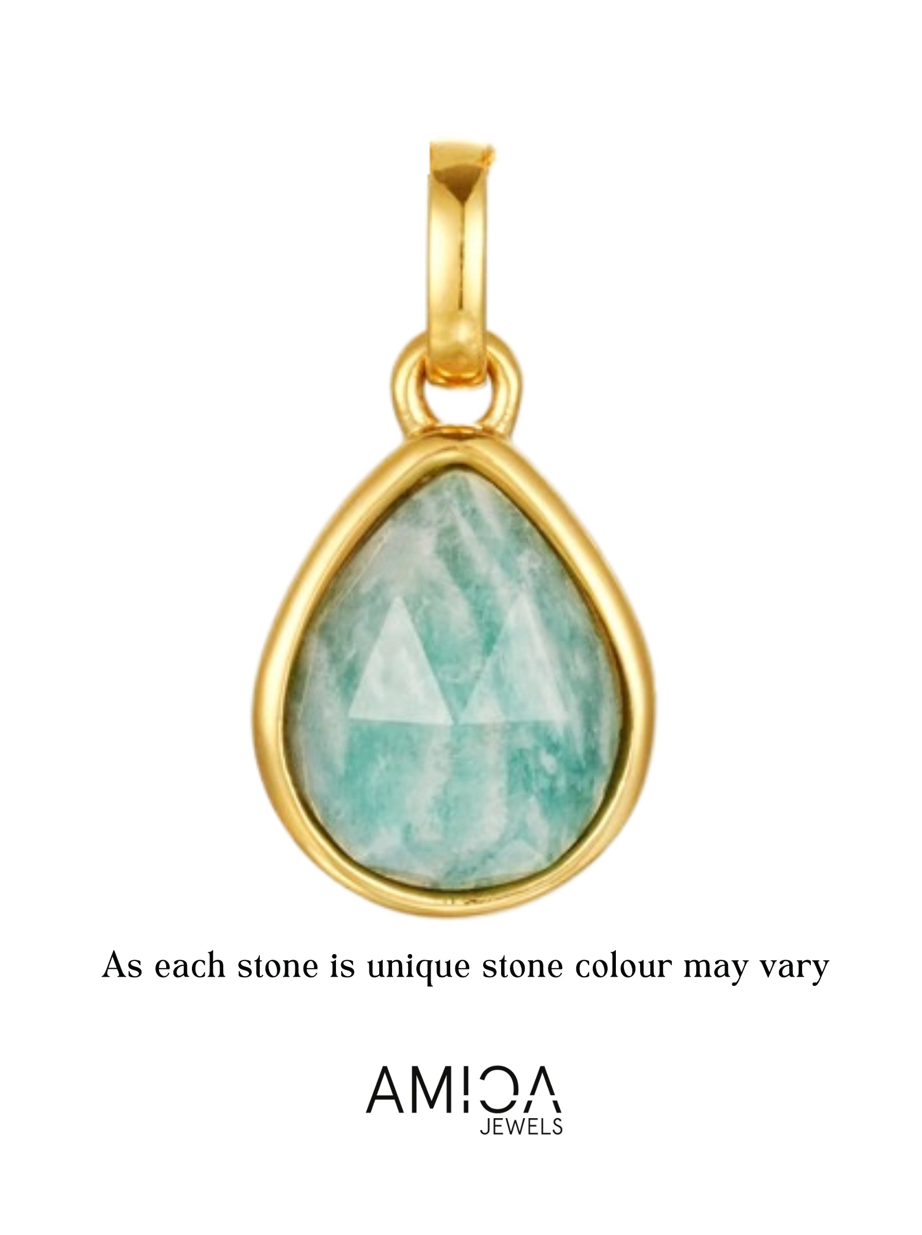 Gold pendant with a green teardrop-shaped gemstone on a white background, featuring the AMICA Jewels brand.