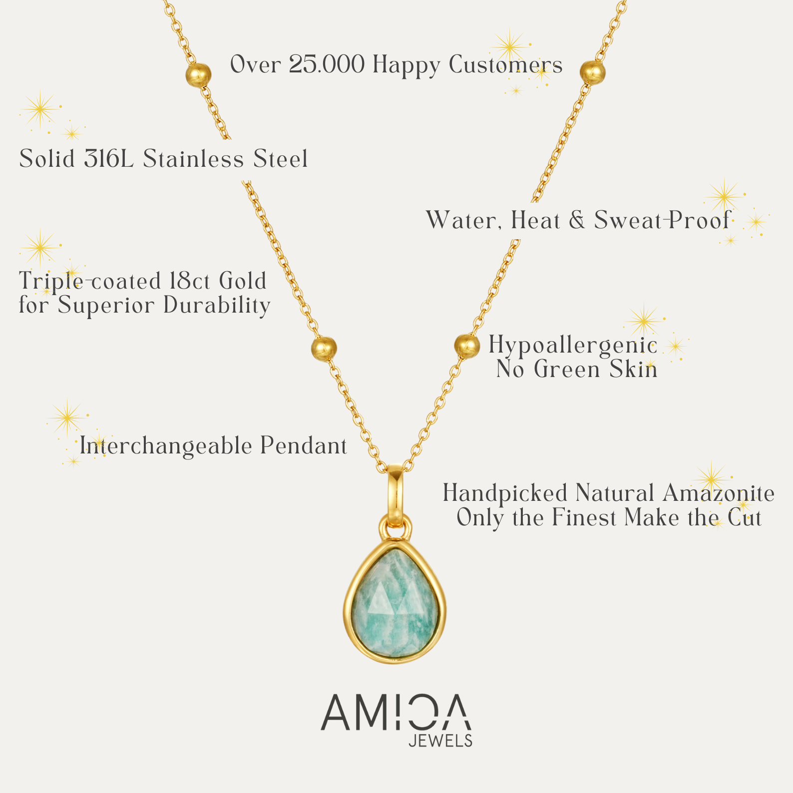 Gold necklace with a green pendant on a white background, featuring AMICA Jewels branding.