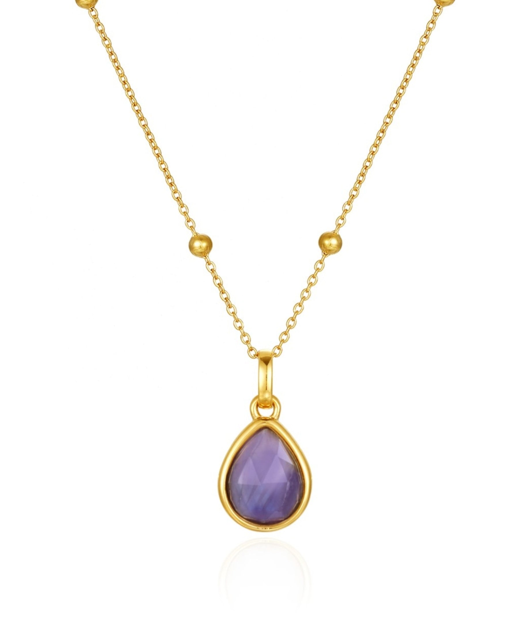 Gold necklace with a amethyst teardrop pendant on a white background