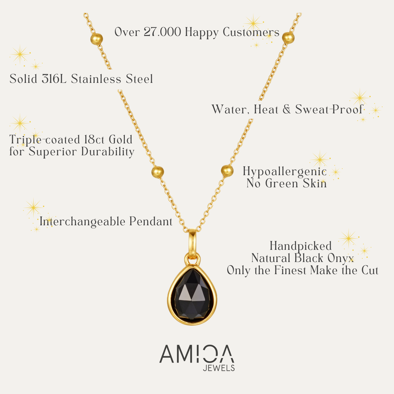 Gold necklace with black pendant on a white background, featuring AMICA Jewels branding.