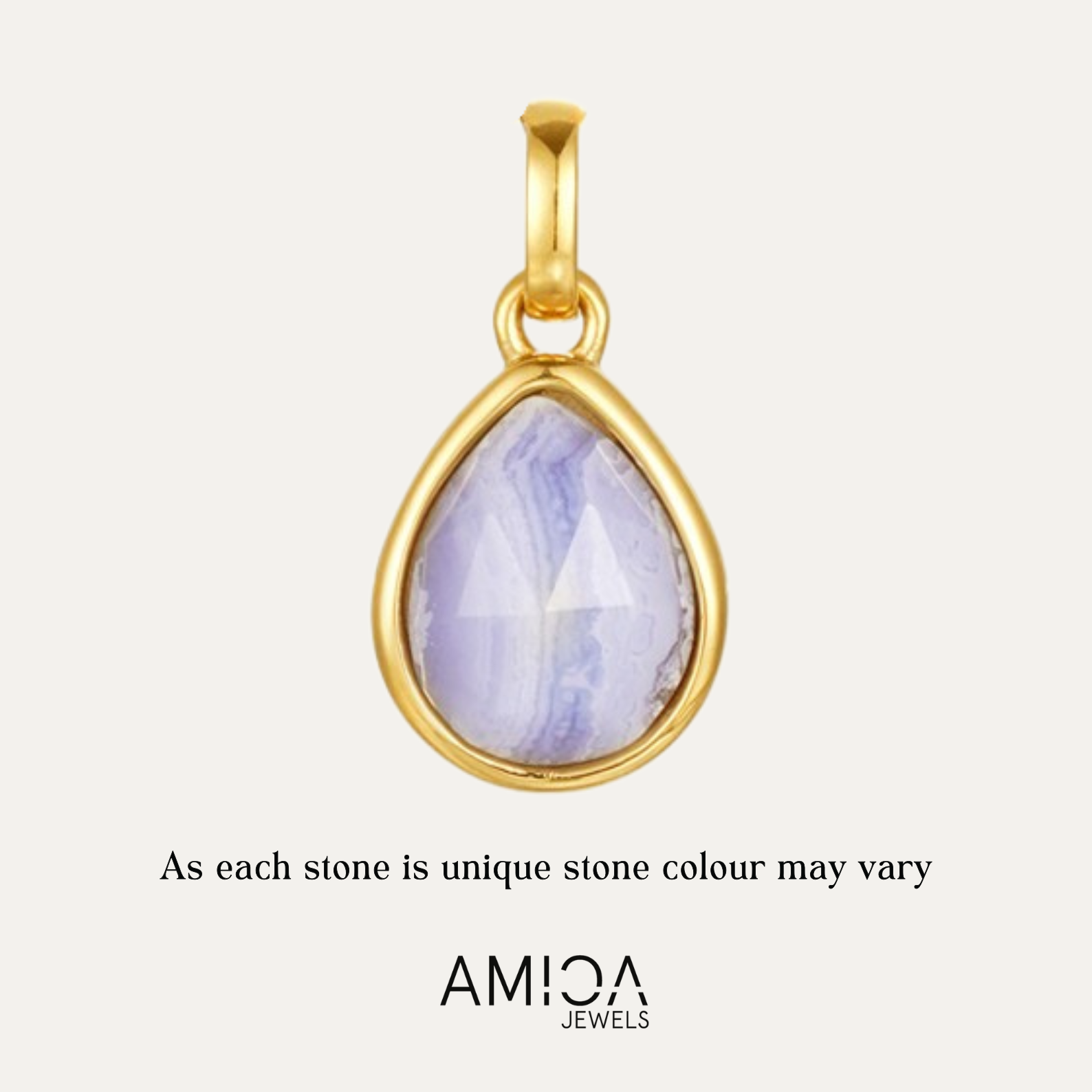 Gold pendant with a teardrop-shaped purple stone on a white background, featuring the AMICA Jewels brand.