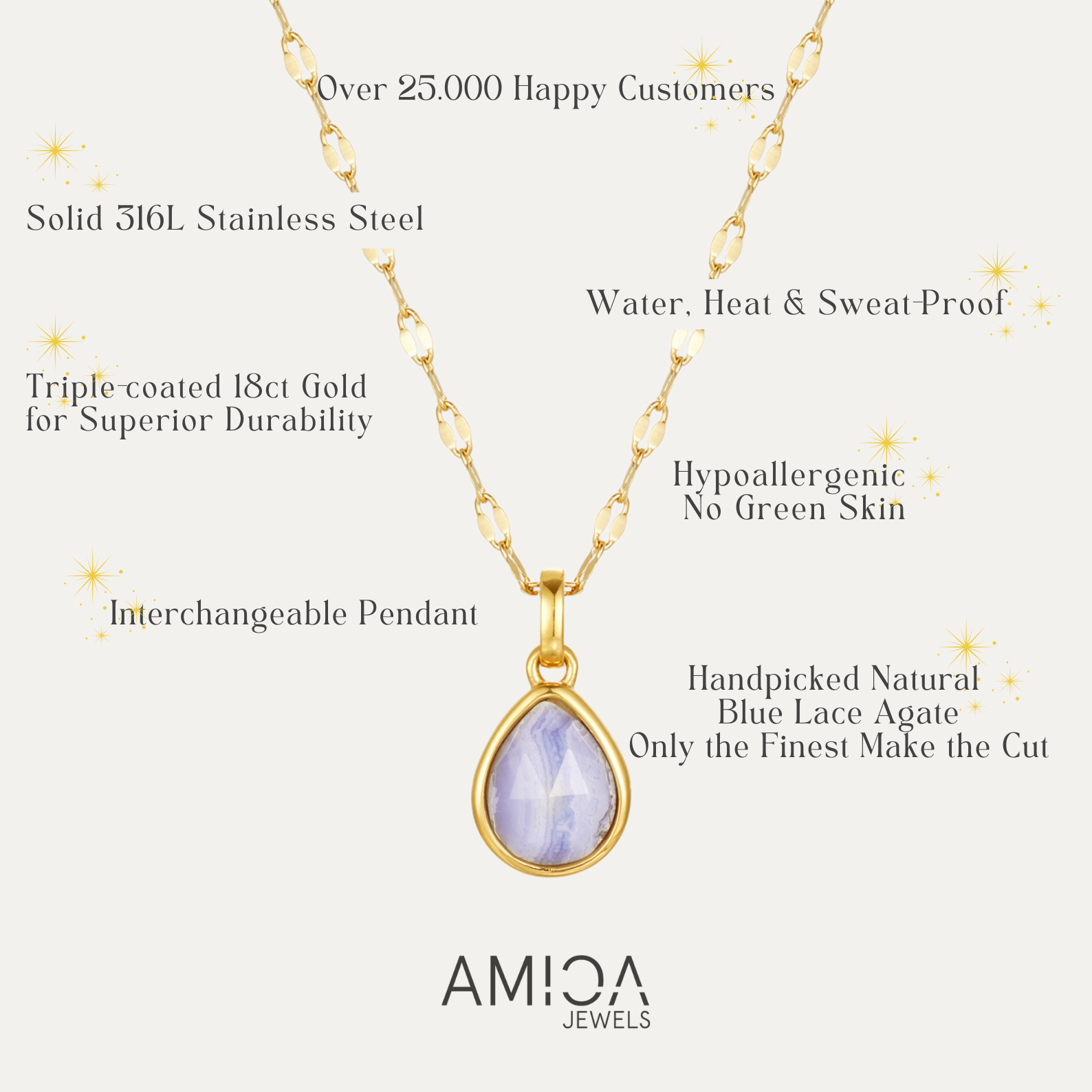 Gold necklace with a teardrop pendant on a white background, featuring AMICA Jewels branding.