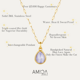 Gold necklace with a teardrop pendant on a white background, featuring AMICA Jewels branding.