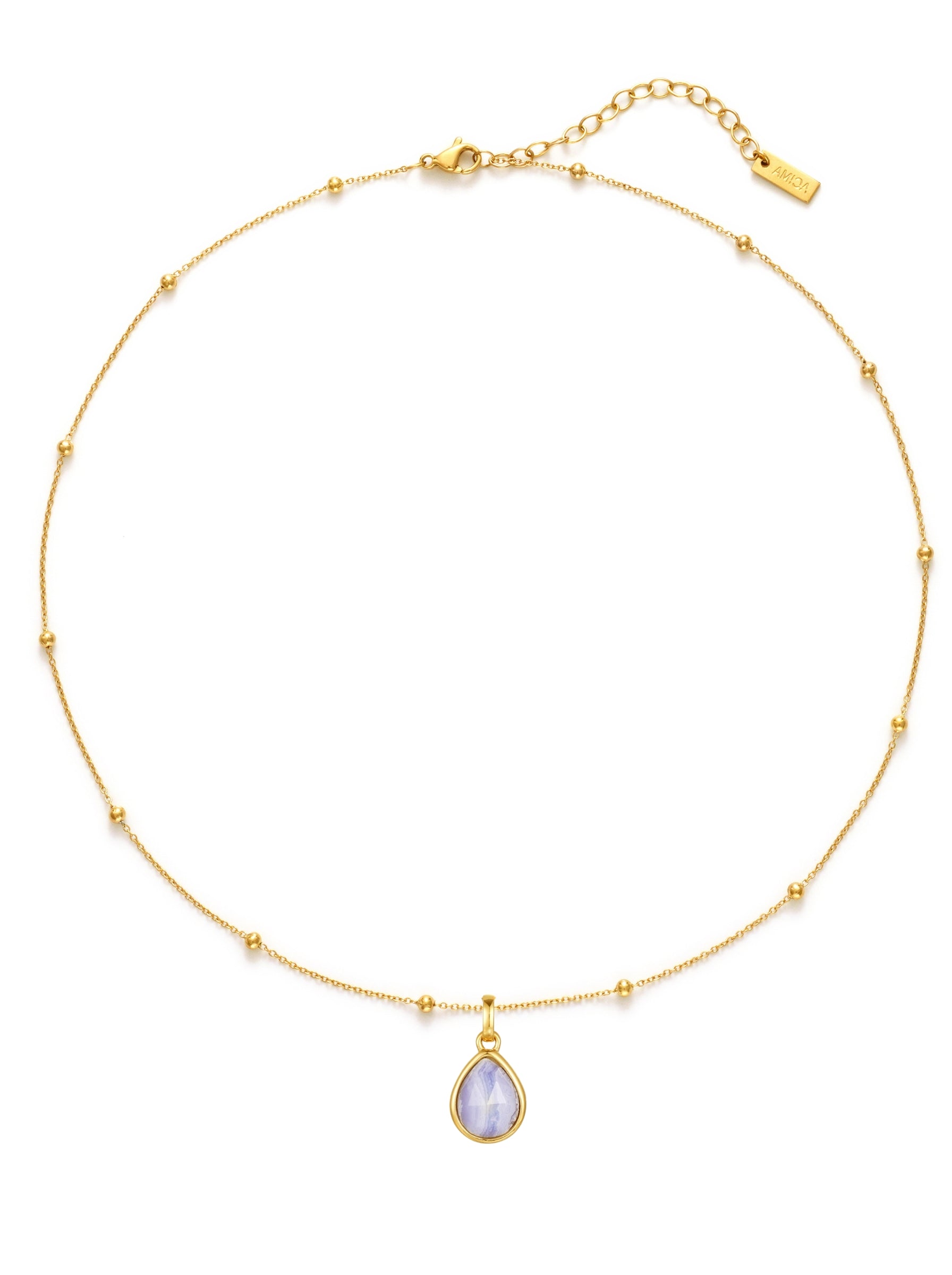 Gold necklace with a teardrop-shaped pendant on a white background