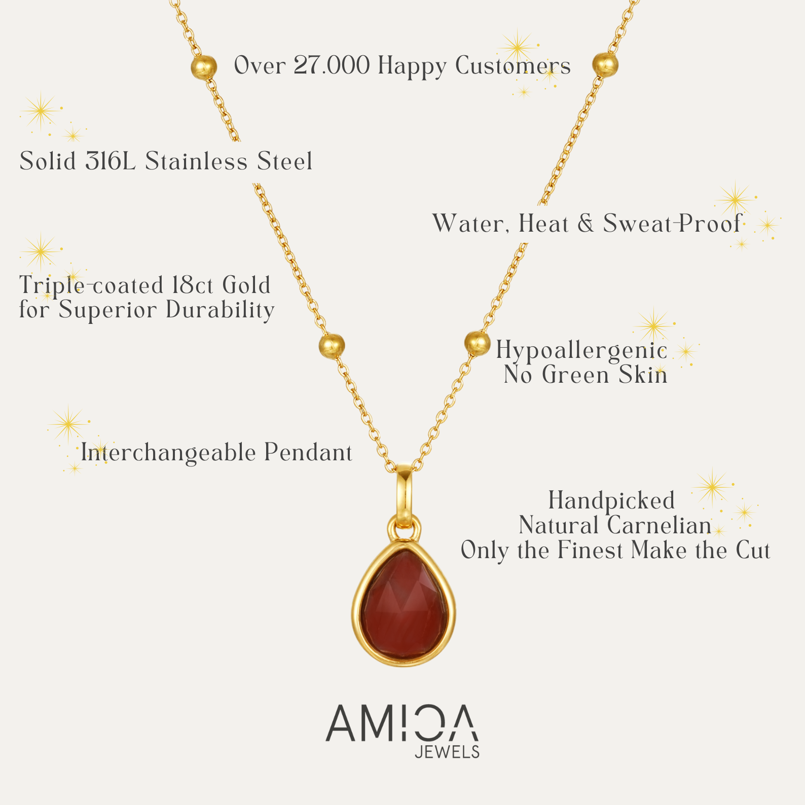 Gold necklace with a red pendant on a white background, featuring AMICA Jewels branding.