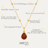 Gold necklace with a red pendant on a white background, featuring AMICA Jewels branding.