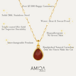 Gold necklace with a red pendant on a white background, featuring AMICA Jewels branding.