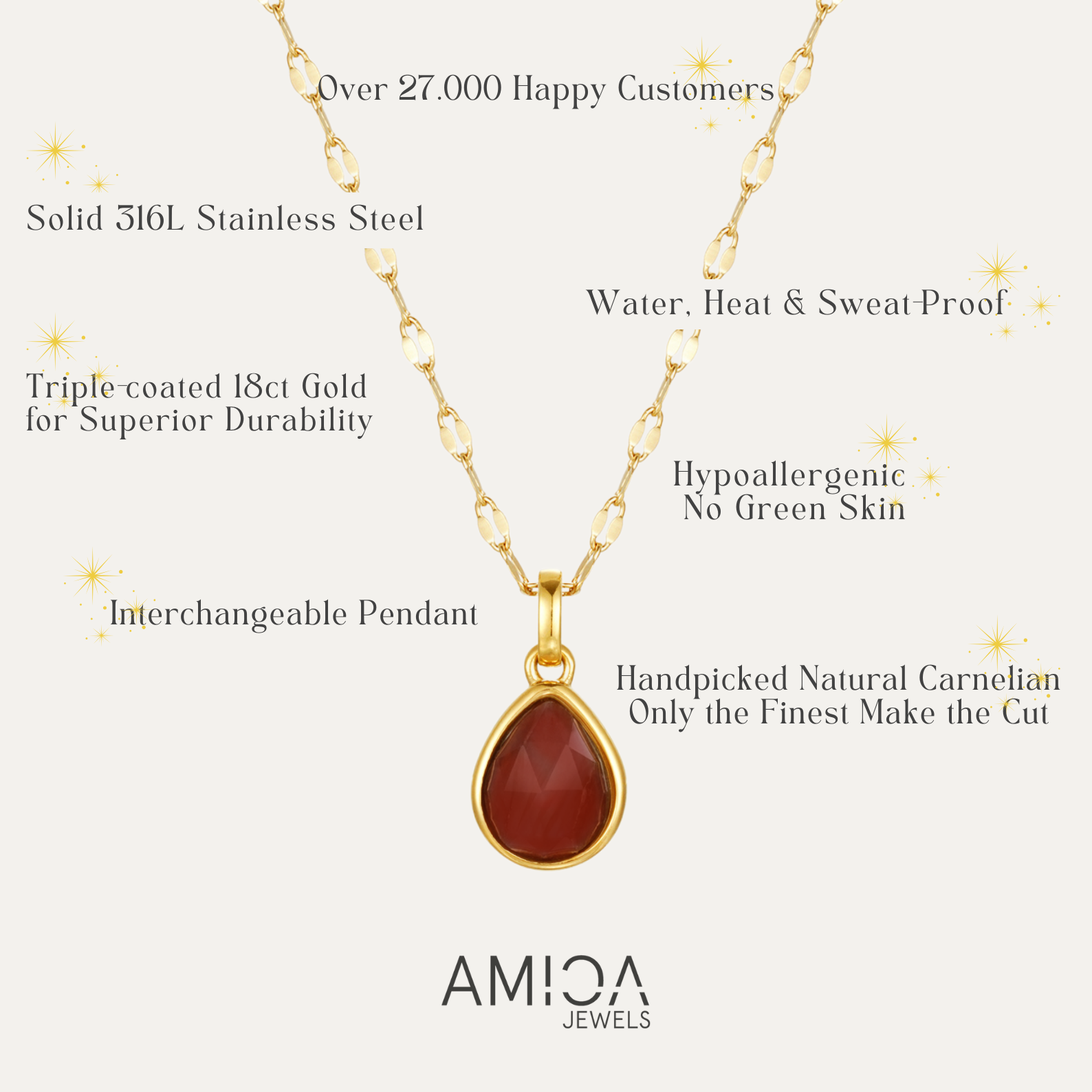 Gold necklace with a red pendant on a white background, featuring AMICA Jewels branding.