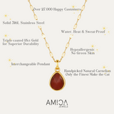Gold necklace with a red pendant on a white background, featuring AMICA Jewels branding.