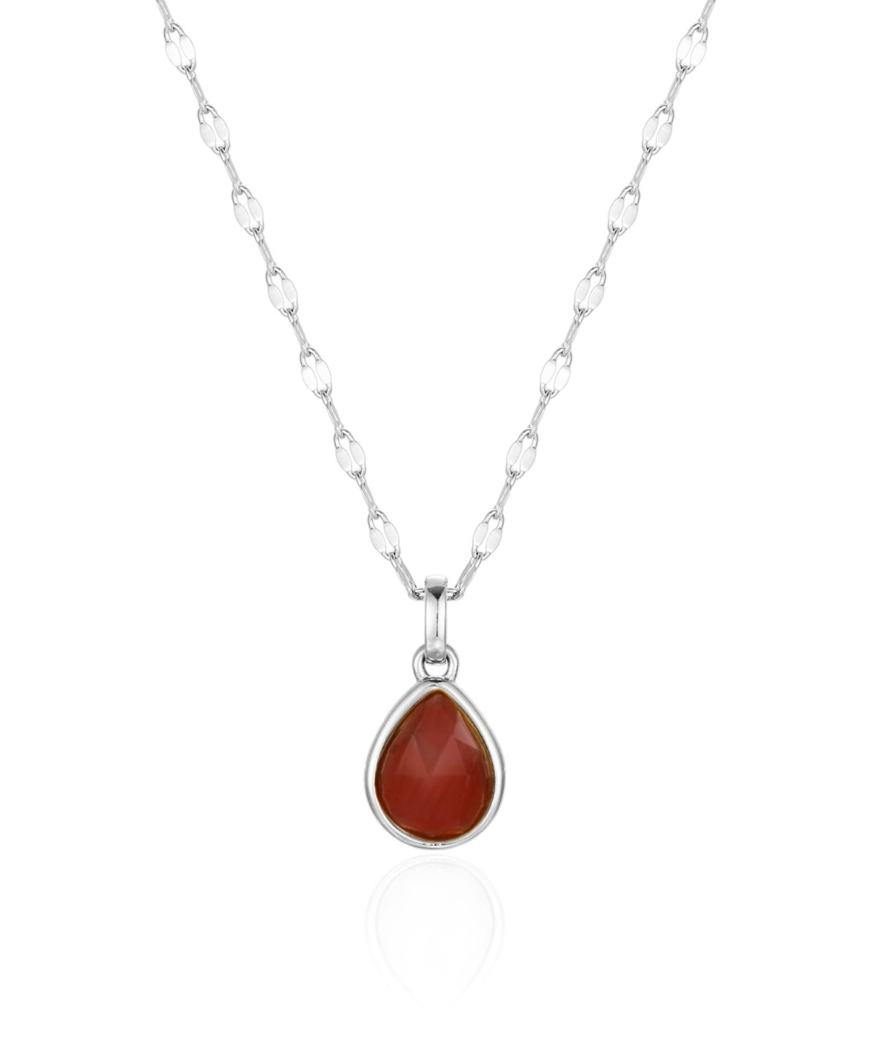 Necklace with a teardrop-shaped red pendant on a white background