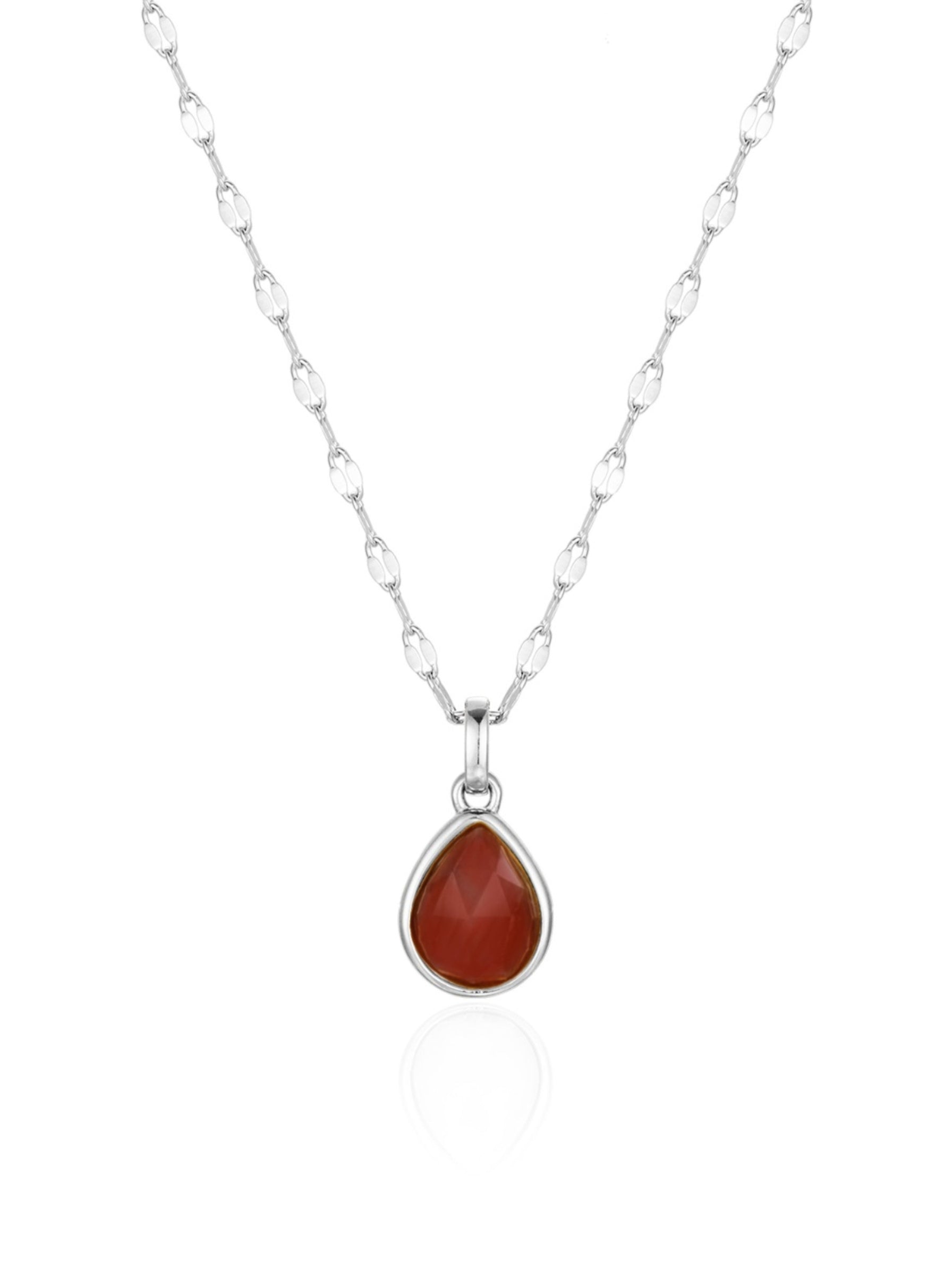 Necklace with a teardrop-shaped red pendant on a white background