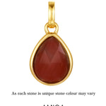 Gold pendant with a red teardrop-shaped stone on a white background, featuring the AMICA Jewels brand.