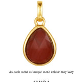 Gold pendant with a red teardrop-shaped stone on a white background, featuring the AMICA Jewels brand.