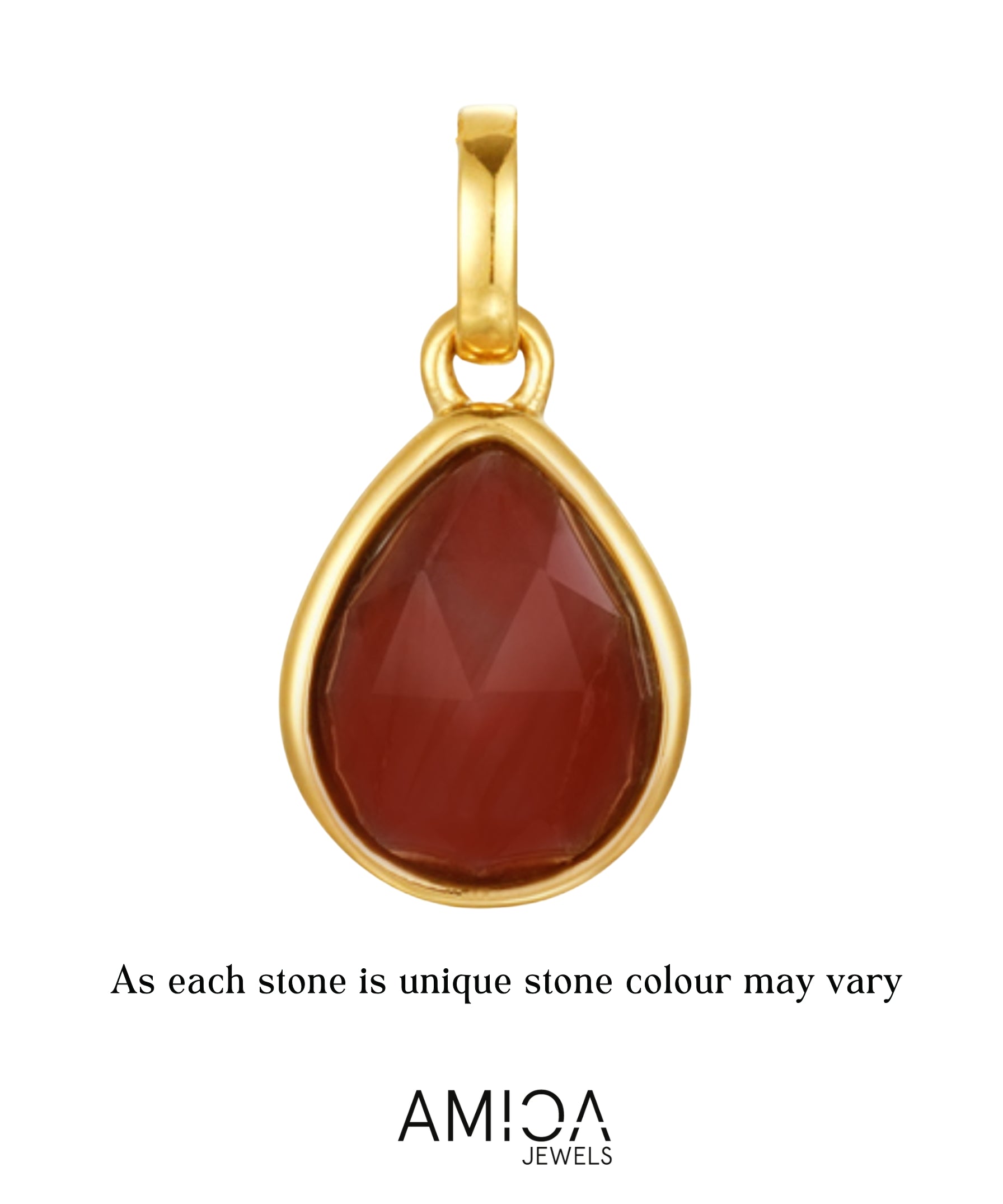Gold pendant with a red teardrop-shaped stone on a white background, featuring the AMICA Jewels brand.