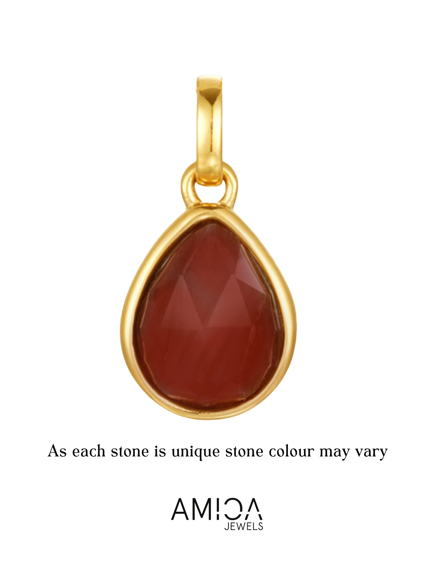 Gold pendant with a red teardrop-shaped stone on a white background, featuring the AMICA Jewels brand.