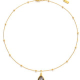 Gold necklace with a labradorite teardrop pendant on a white background
