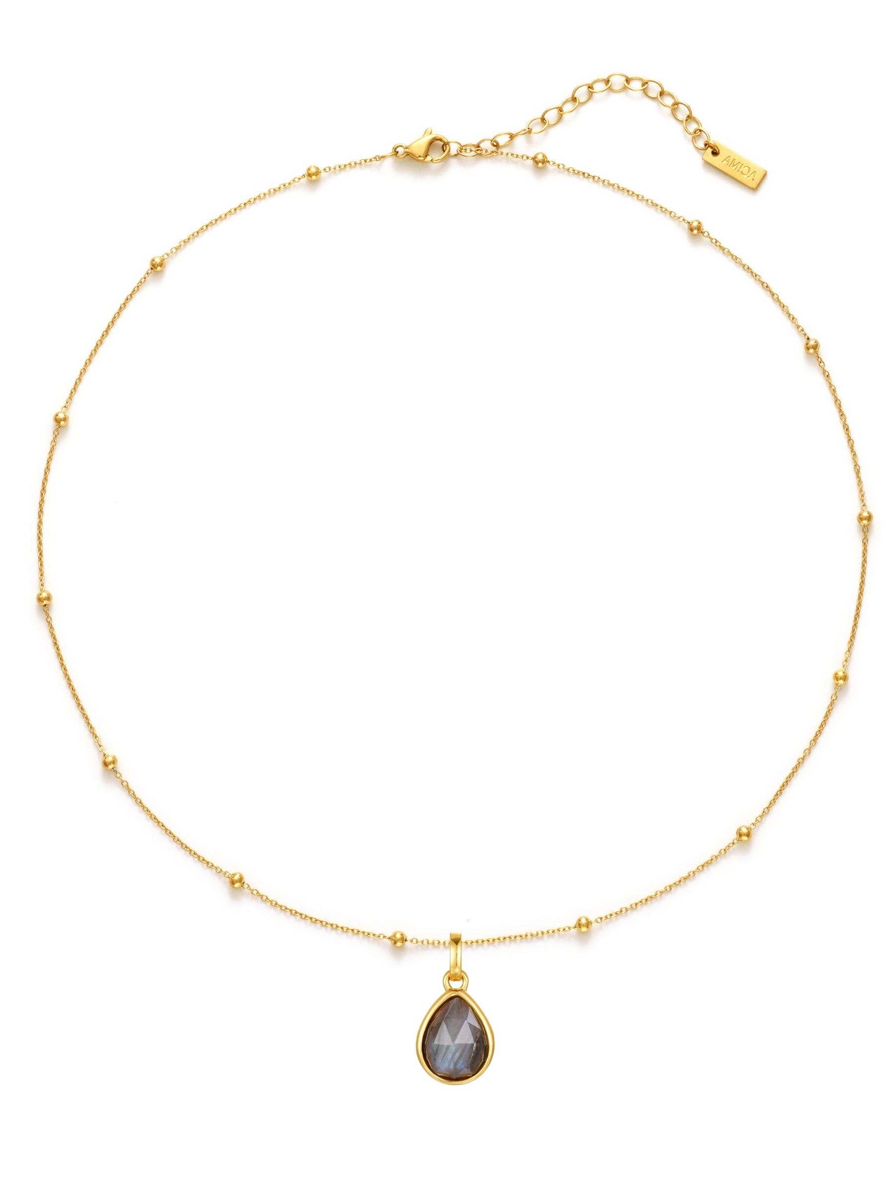 Gold necklace with a labradorite teardrop pendant on a white background