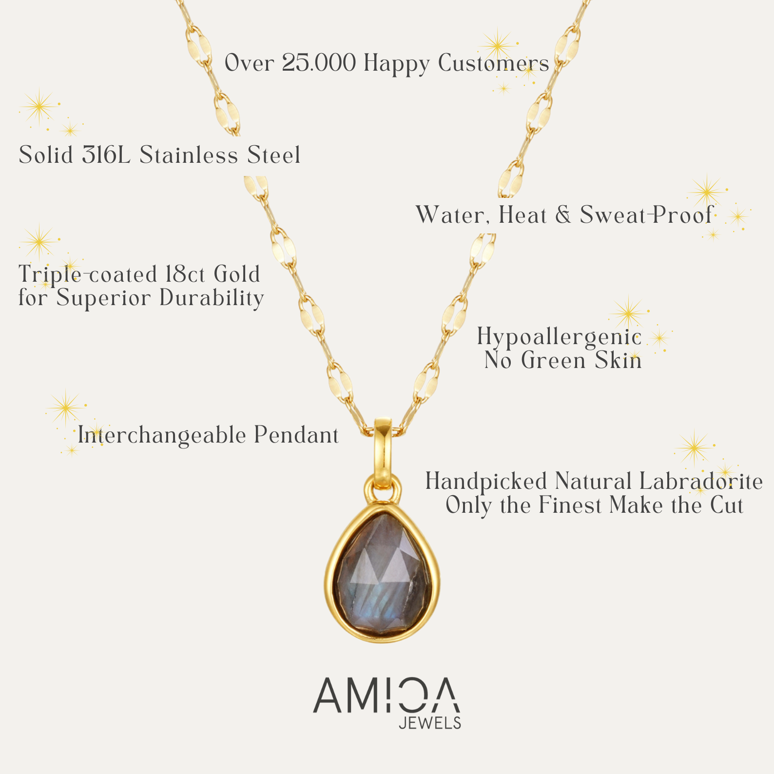 Gold necklace with teardrop pendant on a white background, featuring AMICA Jewels branding.