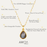 Gold necklace with teardrop pendant on a white background, featuring AMICA Jewels branding.