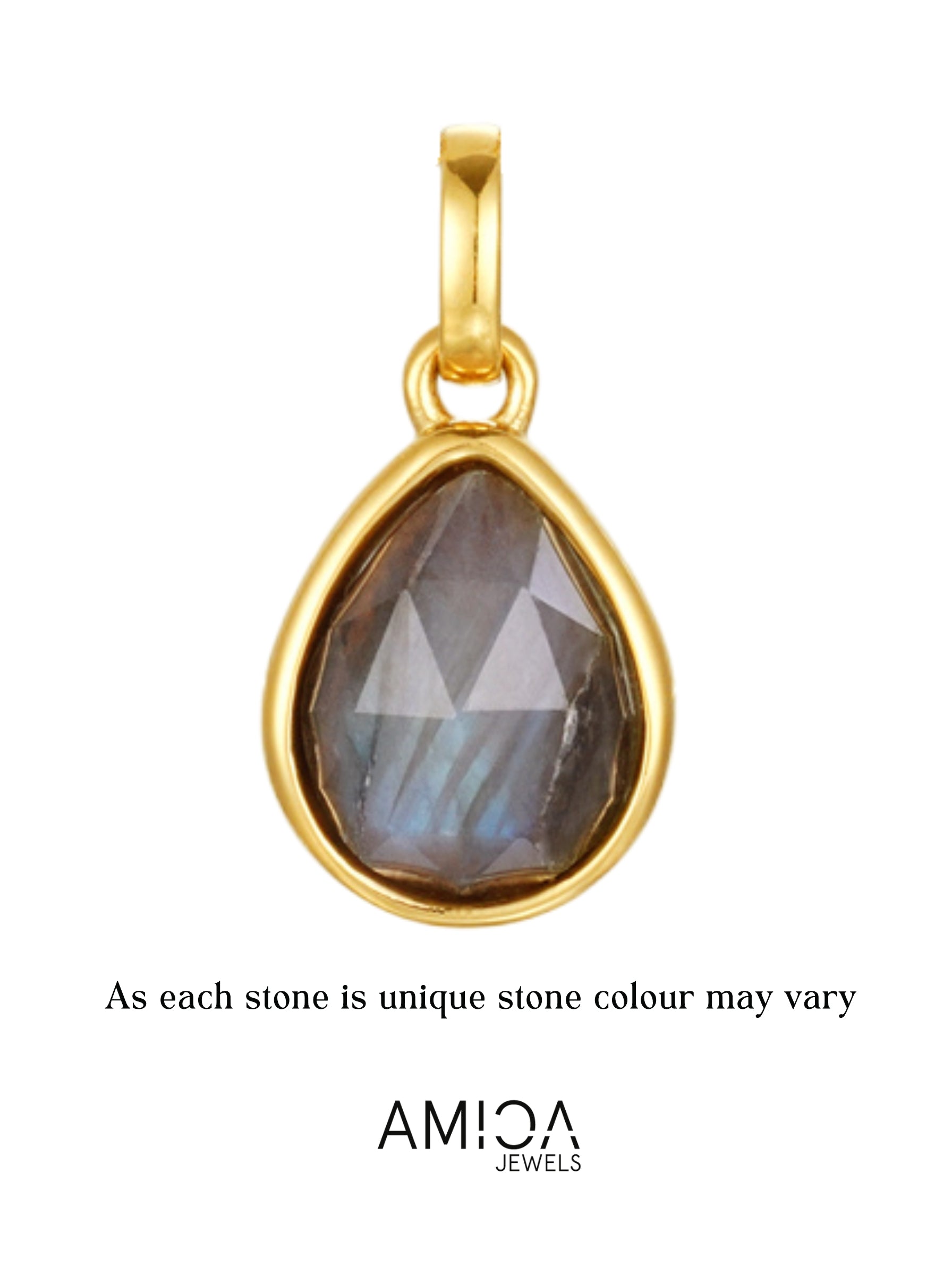 Gold pendant with a teardrop-shaped gemstone on a white background, featuring the AMICA Jewels brand.