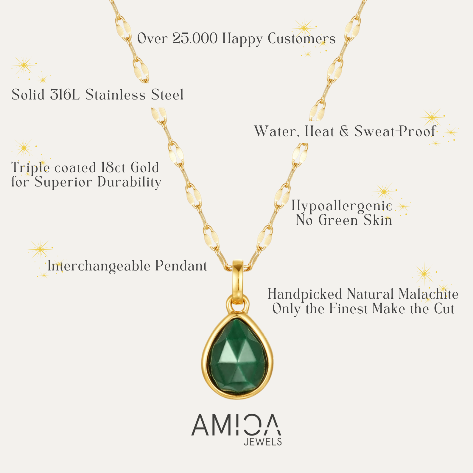 Gold necklace with green pendant on a white background, featuring AMIOA Jewels branding.