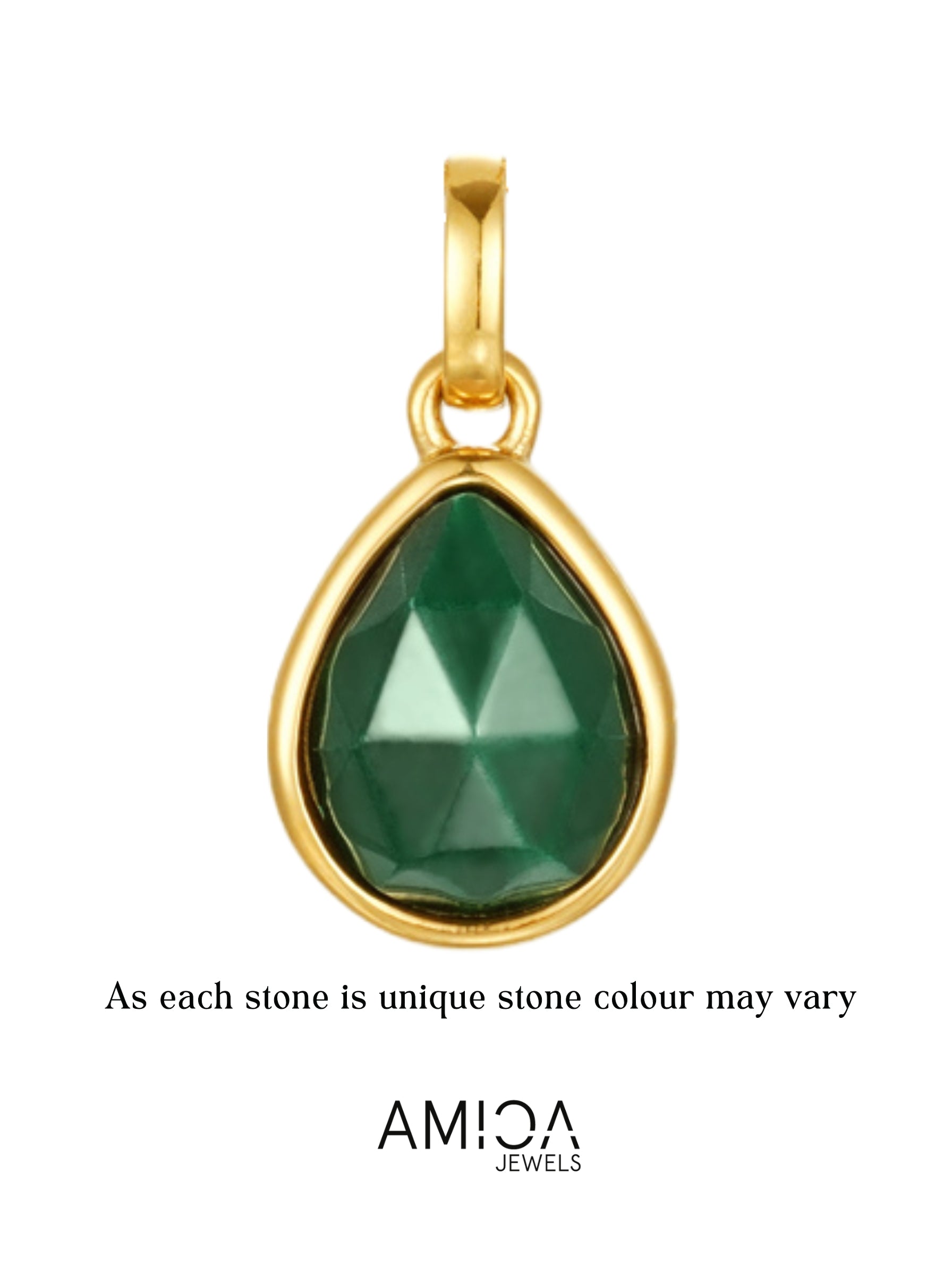 Gold pendant with a green teardrop-shaped gemstone on a white background, featuring the AMICA Jewels brand.