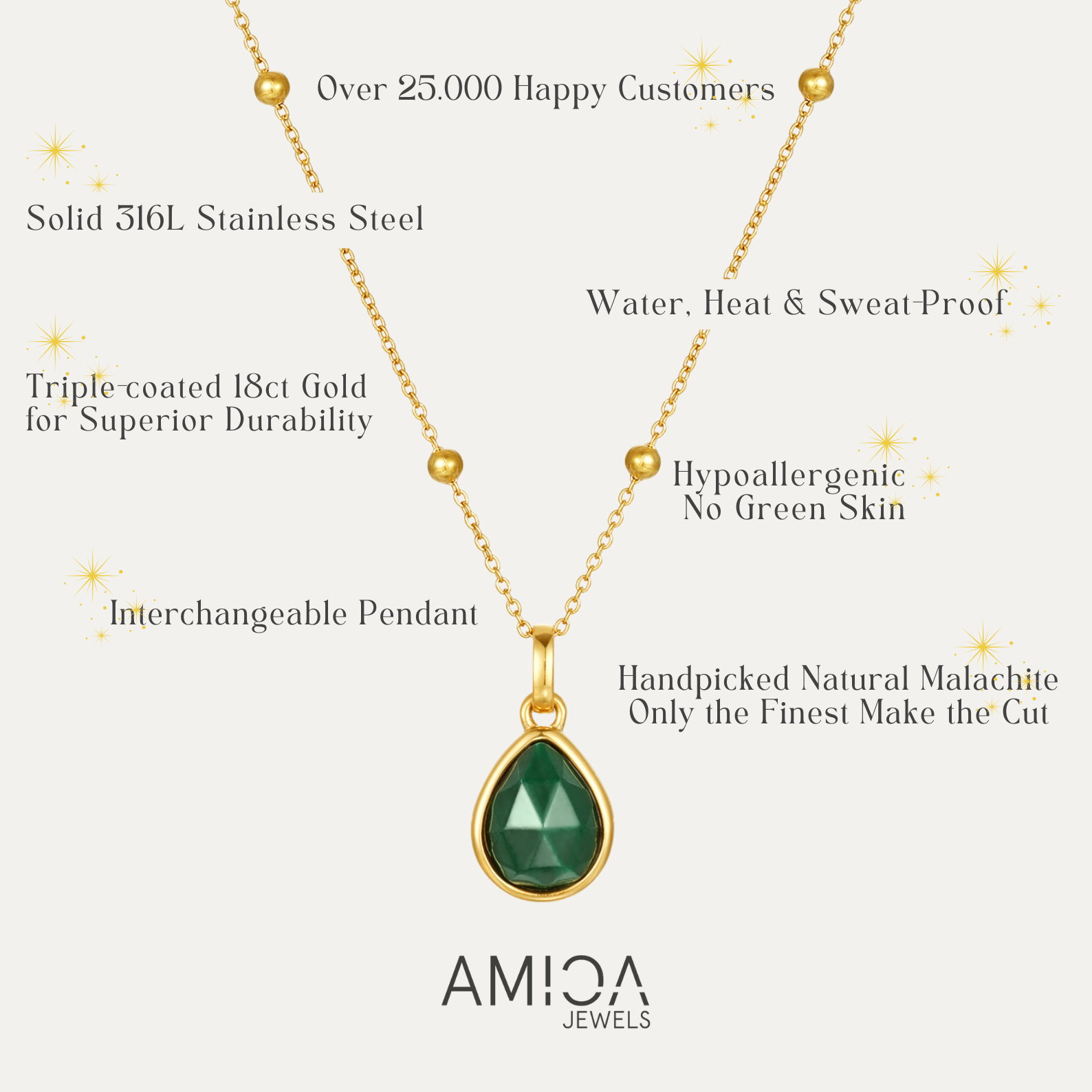 Gold necklace with green pendant and AMICA Jewels branding on a white background