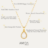 Gold necklace with a teardrop pendant on a white background, featuring AMICA Jewels branding.