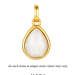 Gold pendant with a white stone on a white background, featuring the AMIOA Jewels brand.