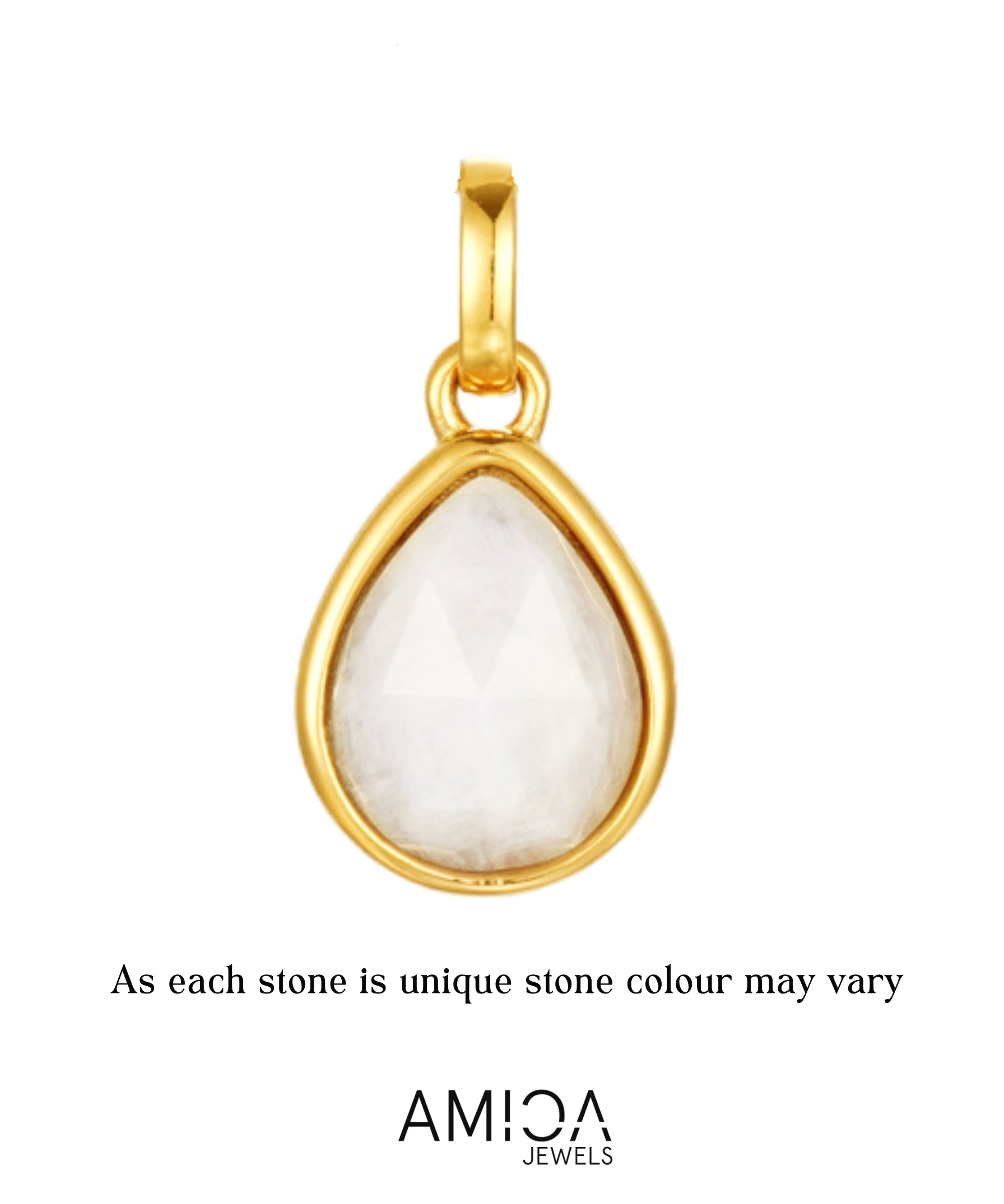 Gold pendant with a white stone on a white background, featuring the AMIOA Jewels brand.