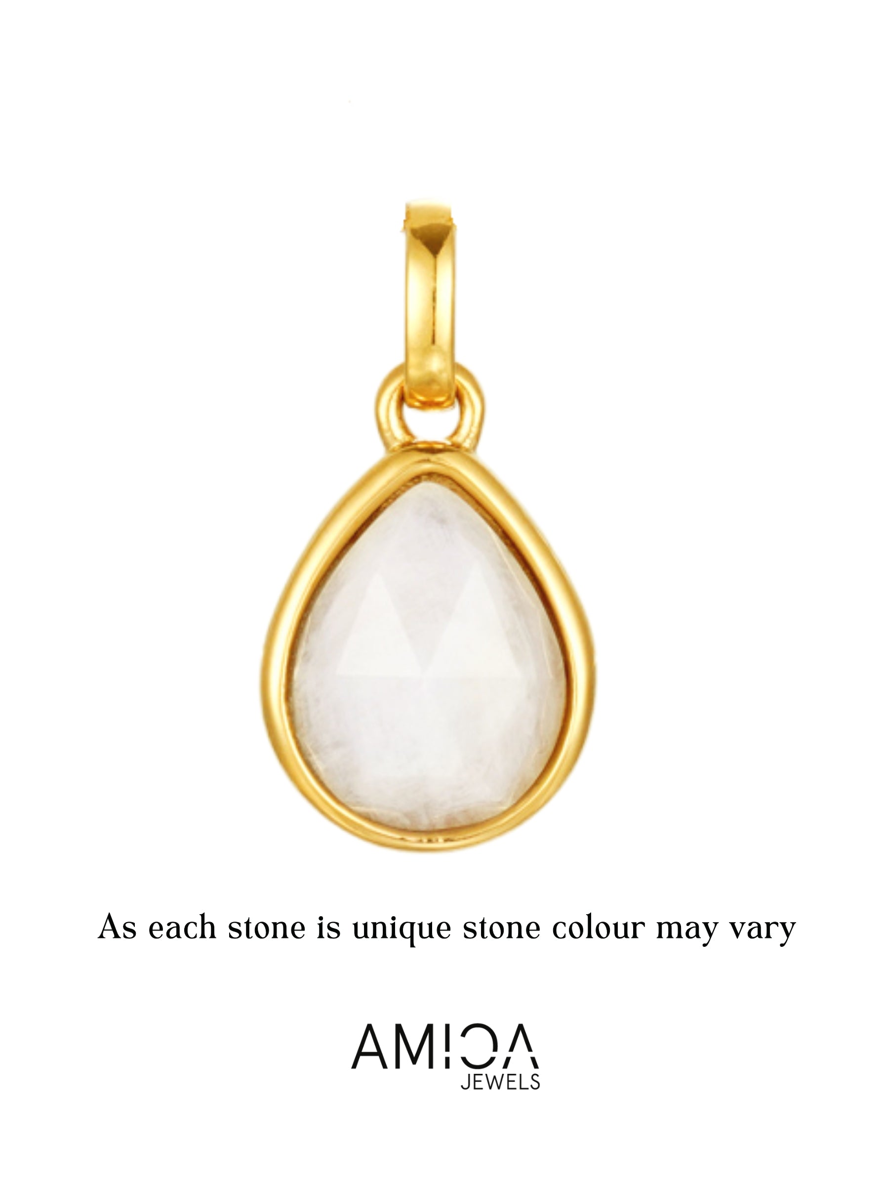 Gold pendant with a white stone on a white background, featuring the AMIOA Jewels brand.
