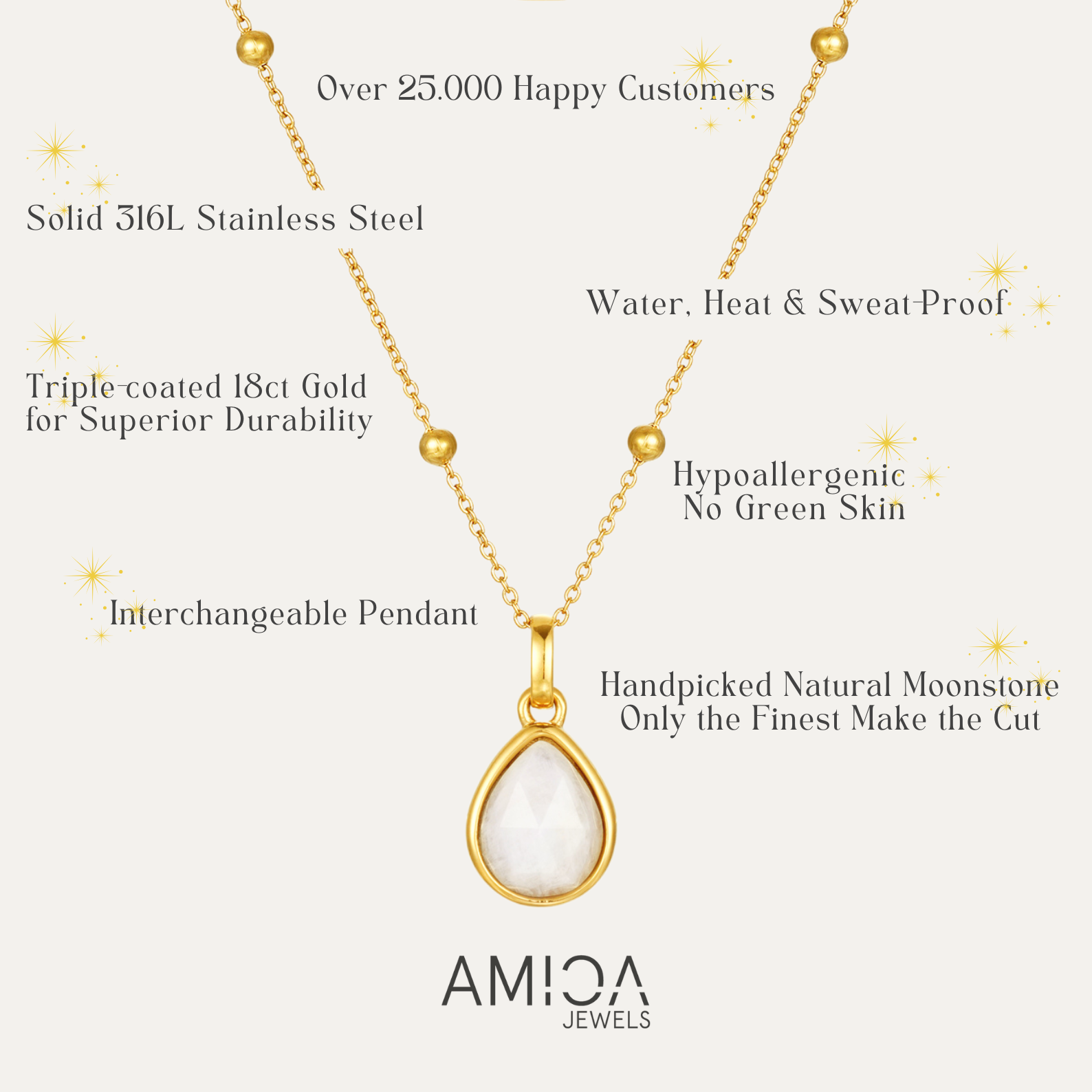 Gold necklace with a teardrop pendant on a white background, featuring AMICA Jewels branding.
