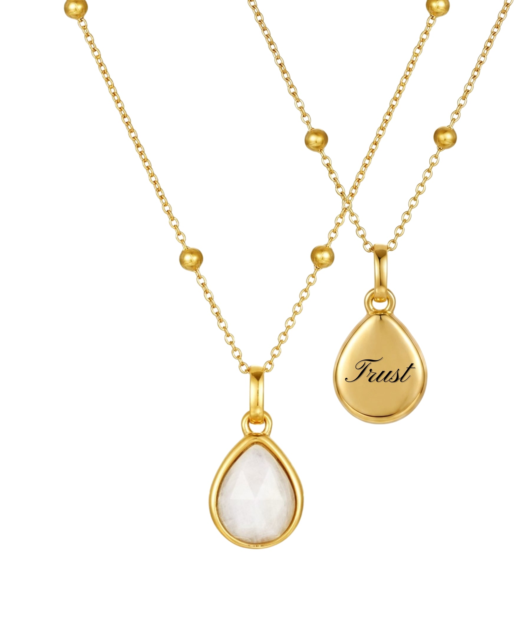 2 gold necklaces with moonstone pendants back and front on a white background
