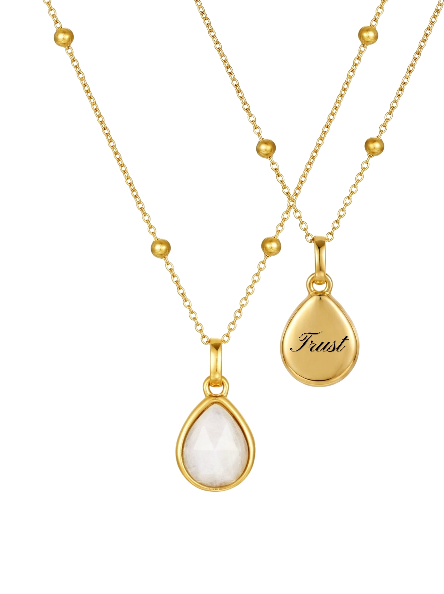 2 gold necklaces with moonstone pendants back and front on a white background